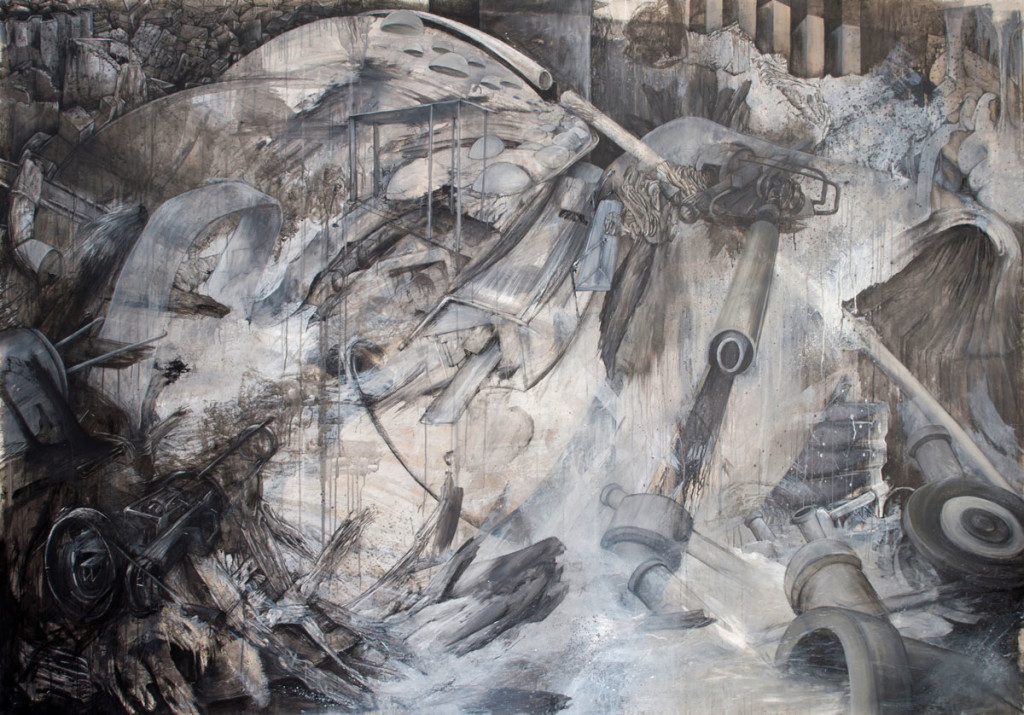 Strafkolonie; acrylics, charcoal, chalk, mordant on canvas; 220 x 315 cm; 2013 / <a style="http://greytime.net/wp-content/uploads/2016/03/2015_august_portfolio2.jpg">View in full size</a>
