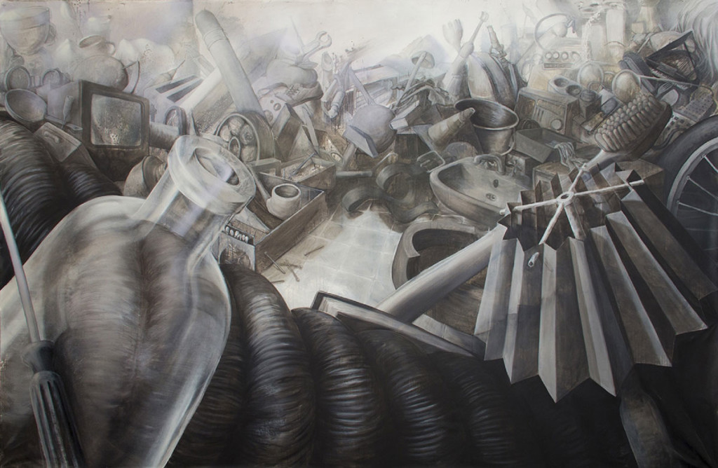Haushalt; acrylics, charcoal, chalk, mordant on canvas; 220 x 330 cm; 2014 / <a style="font-weight: 600; color: #000;" target="_blank" href="http://greytime.net/wp-content/uploads/2016/03/2015_august_portfolio3.jpg">View in full size</a>